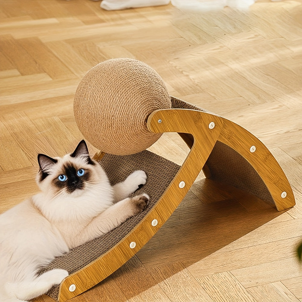 2-in-1 Large Corrugated Cardboard Cat Scratching Board with Jute Balls, Scratch Toy for Cats to Protect Furniture, Self-Amusement and Energy-Burning Pet Toy